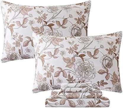 FADFAY Sheets Set Twin Vintage White and Brown Floral Bedding Elegant Peony Sheets Set Shabby Rose Farmhouse Bedding 100% Egyptian Cotton 800 Thread Count Deep Pocket Fitted Sheet 4Pcs, Twin Size