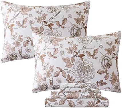 FADFAY Sheets Set Vintage White and Brown Floral Bedding Elegant Peony Sheets Shabby Rose Farmhouse Bedding 100% Egyptian Cotton 800 Thread Count Deep Pocket Fitted Sheet 4Pcs, California King Size