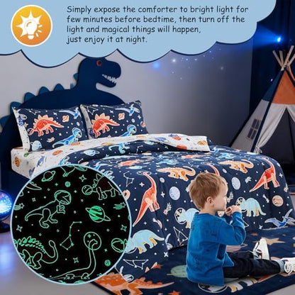 A Nice Night 5pc Glow in The Dark Dinosaur Kids Twin Comforter Sets