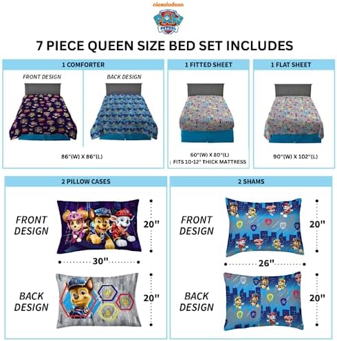 Franco Paw Patrol Kids Bedding Super Soft Comforter and Sheet Set with Sham, 7 Piece Queen Size, (Official Licensed Product)
