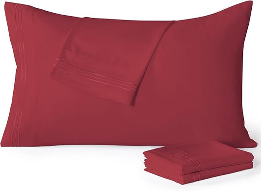 YIYEA King Pillow Cases Set of 4, Ultra Soft 1800TC Hotel Quality Double Brushed Microfiber Embroidered Pillowcases, Envelope Closure, Fade Resistant (20"x36", Burgundy)