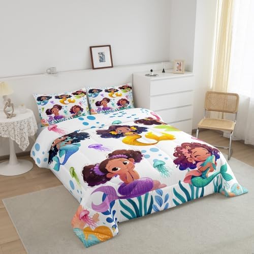 Homewish Cute Black Girl Mermaid Comforter Set Full Size,Watercolor Coral Jellyfish Bedding Set for Kids Girls Teens Room Decor,African Black Girls Quilt Set Colorful Sea Life Duvet Insert 3Pcs