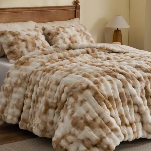 BEDELITE Tie Dye Faux Fur Comforter Set King,Thick Winter Comforter,Beige