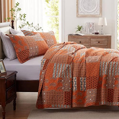 LEAONME Quilt Set King Size 3 Piece Bedspread Coverlet Lightweight Comforter Microfiber Bedding Set for All Season Oversized 98x106 Inch Bed Cover Paisley Burnt Orange/Rust (1 Quilt, 2 Pillow Shams)