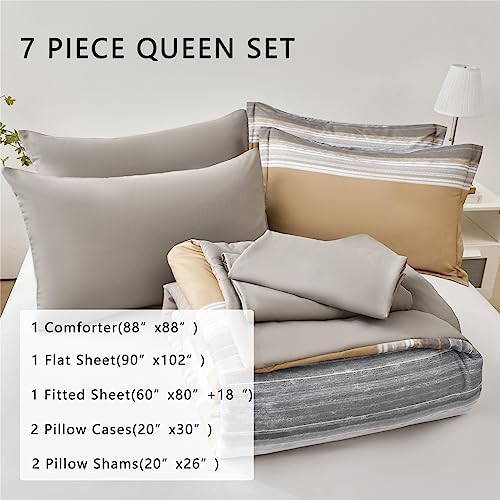 KAKIJUMN Striped Comforter Set Queen Size, 7 Piece Bed in a Bag, Warm Tan