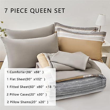 KAKIJUMN Striped Comforter Set Queen Size, 7 Piece Bed in a Bag, Warm Tan