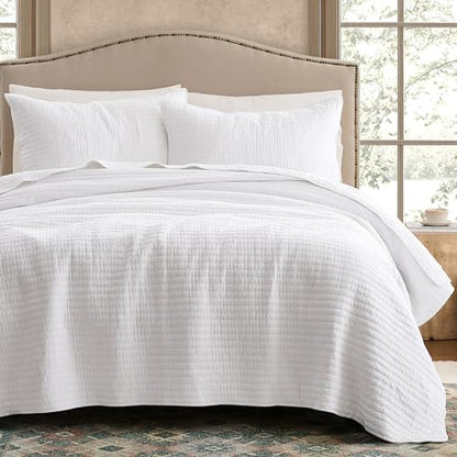 WDCOZY 100% Cotton Queen Size Quilt Set, Channel Pick Stitch, White