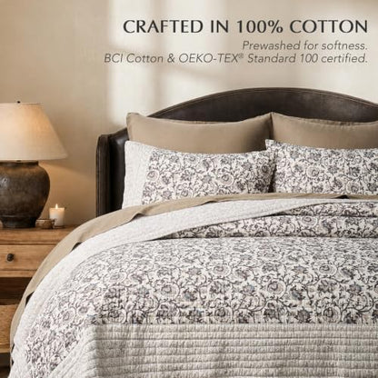 EverGrace 100% Cotton Floral Quilt Set, King Size, Taupe Warm Gray 110"×92"