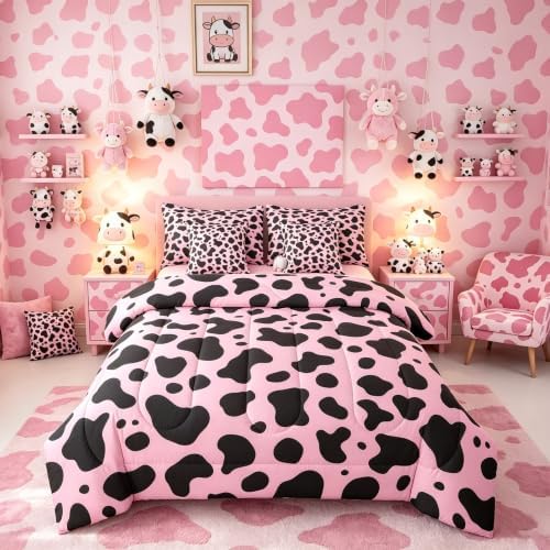 Erosebridal Cow Pink Western 7 Piece Bedding Set Queen Milk Cow Print Comforter Set with Sheets Cowgirl Preppy Bed in a Bag Farmhouse Animal Bed Sets Comforter