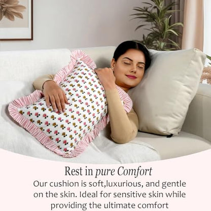 CPC Block Print Rosette Bloom Ruffle Cotton Lumbar Pillow Cover 12x20 inch