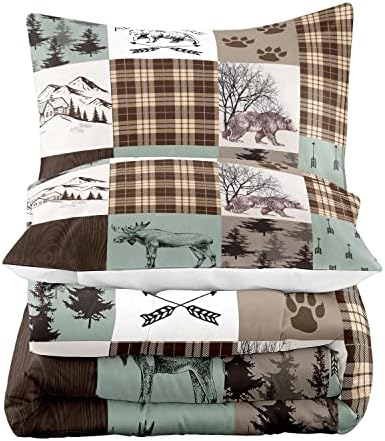 LUVIVIHOME 3PCS Rustic Patchwork Comforter Set King, Brown Plaid Sage Green Comforter, Bear Deer Elk Moose Woodland Forest Animal Wildlife Country Lodge Cabin Bedding Farmhouse Quilt, 2 Pillow Shams