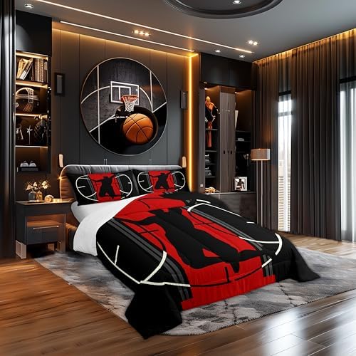 Basketball Comforter Set for Teens Sports Games Bedding Set Red and Black Bedding Home Decor for Kids Comforter Twin Size 2 Pcs Basketball Court Quilted Duvet Set 1 Comforter with 1 Pillowcase