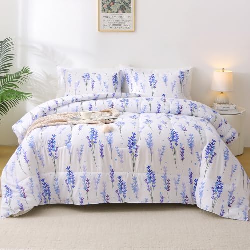 Mooreeke Queen Size Comforter Sets, Lavender Flower Cluster Patterned Bedding for All Seasons, 3-Piece Vintage Bed in a Bag with Fluffy Quilted Reversible Comforter & 2 Pillow Shams