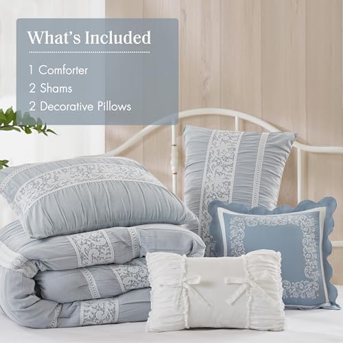 Madison Park 5-Piece Farmhouse Comforter Set with Ruching & Lace Trim, Soft Chambray Bedding, Includes Comforter and 2 Decorative Pillows, King, Blue