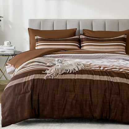 Dobuyly Fall Brown Comforter Full Size Set 7 Pieces, Boho Striped Bed in a Bag Full Soft Microfiber Bedding Set with Comforter, Sheets, Pillowcases & Shams