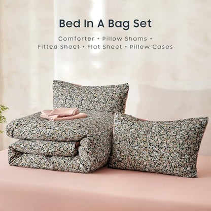 Wake In Cloud - Floral Comforter Set with Sheets, Cute Vintage Flower Cottagecore Aesthetic for Women Teen Girls, 7 Pieces Bed in a Bag, Black, Queen Size