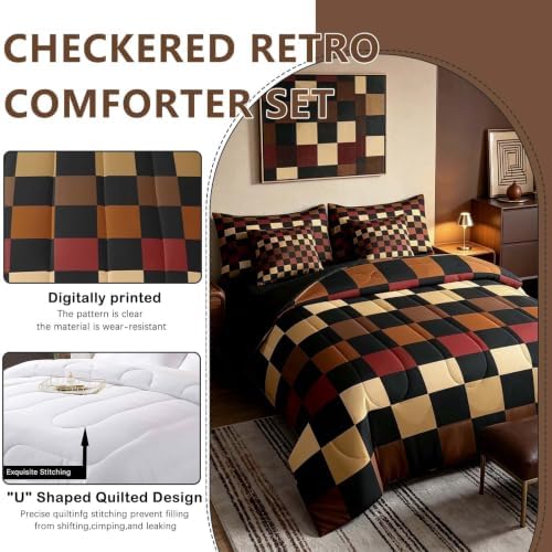 Feelyou Checkered Retro Comforter Set with Sheets 7 Piece Twin Size Brown Red Black Plaid Bed in a Bag Kids Boys Girls Geometric Vintage Bedding Set Modern Simple Groovy Aesthetic Bedroom Decor Soft