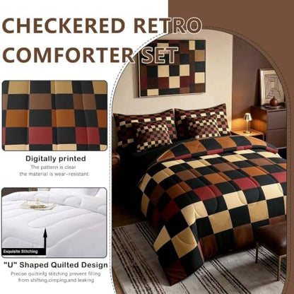 Feelyou Checkered Retro Comforter Set with Sheets 7 Piece Twin Size Brown Red Black Plaid Bed in a Bag Kids Boys Girls Geometric Vintage Bedding Set Modern Simple Groovy Aesthetic Bedroom Decor Soft