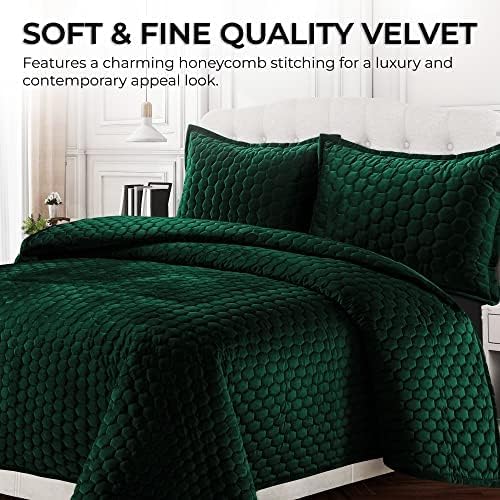 Tribeca Living Lugano Oversized Velvet Quilt Set - All Season, Extra Large, 2 Piece Twin Size Comforter Set with 1 Pillow Sham in Emerald Green Honeycomb Pattern 260GSM