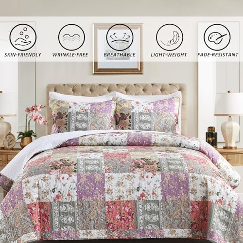 HIARUO Quilt Set Twin Size, 2 Pieces Bedspread Coverlet Plaid Patchwork Quilt Farmhouse Twin Size Comforter Set Lightweight Bedding with 1 Pillow Cover Sham for All Season Floral Red Purple