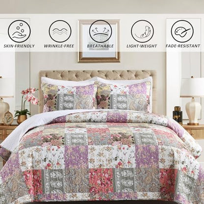HIARUO Quilt Set Twin Size, 2 Pieces Bedspread Coverlet Plaid Patchwork Quilt Farmhouse Twin Size Comforter Set Lightweight Bedding with 1 Pillow Cover Sham for All Season Floral Red Purple