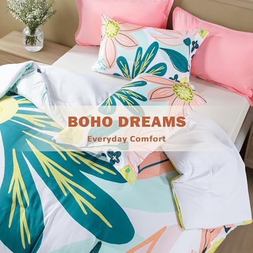 Tyrot Boho Floral King Comforter Set - 3 Piece Summer Tropical Botanical Bedding Comforter Sets for All Season Soft Lightweight Mid Century Bed Set, (1 Reversible Comforter and 2 Pillow Shams