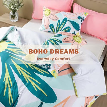 Tyrot Boho Floral King Comforter Set - 3 Piece Summer Tropical Botanical Bedding Comforter Sets for All Season Soft Lightweight Mid Century Bed Set, (1 Reversible Comforter and 2 Pillow Shams