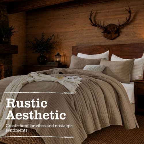 DOWN HOME Twin Quilt Bedding Set with Sham, Vintage Washed Soft Quilted Blanket Thin Comforter Lightweight Bedspread Coverlet Bed Cover, Brushed Microfiber Stripe Stitching, Brown, 66"x92"