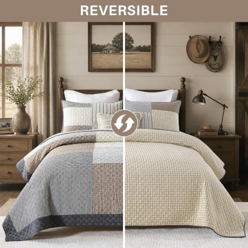 Quilta 100% Cotton Quilt Set, Real Patchwork Plaid Quilts/Brown/Gray/Beige