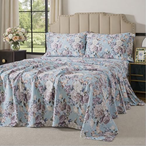 FADFAY Floral Sheets Set Twin Size, 100% Cotton Bed Sheets 4 Pcs with Deep Pocket Fitted Sheet, Dusty Blue Vintage Botanical Bedding, Soft Crisp & Breathable Sheets for All Seasons