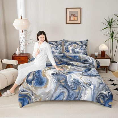 jejeloiu Blue Gray Gold Marble Bedding Set Soft for Boys Girls, Modern Marble Aesthetic Comforter Set King Size Retro Watercolor Duvet Quilt Abstract Texture Bedroom Decor 3 Pcs with 2 Pillow Cases
