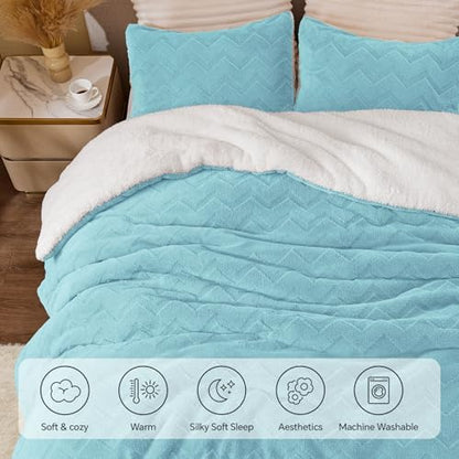 BEDELITE Fluffy Sherpa King Comforter Set,Light Blue