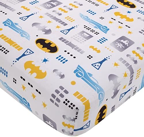 Warner Brothers Batman The Caped Crusader Blue, Gray, and Yellow Bat-Signal and Batmobile 2 Piece Toddler Sheet Set - Fitted Bottom Sheet and Reversible Pillowcase