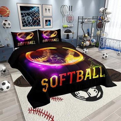 Teens Softball King Size Comforter Set Kids Yellow Gradient Decor All Season Bedding Set for Girls Teens Sports Theme Comforter Softball Player Print Decor Quilt Set Bedroom Collection 3Pcs