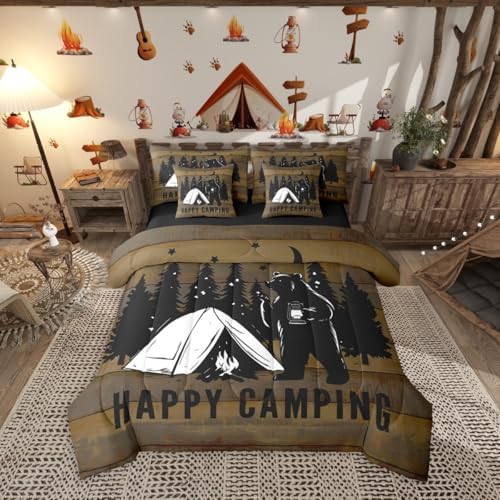 Erosebridal Happy Camping 7 Pieces Bedding Set King Size,Camping Lover Bed in a Bag,Cabin Funny Bear Bed Set Includes Comforter,Sheet Set,Pillowcases & Pillow Covers,Brown Wooden Plank Bedroom Decor