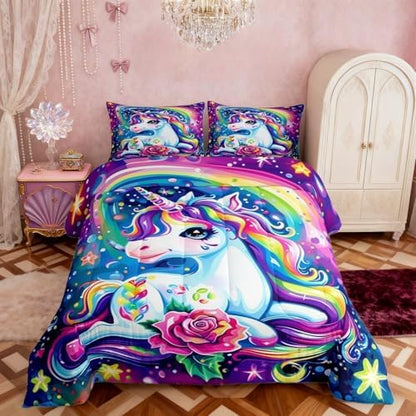 Watercolor Unicorn Kids Comforter Sets Cartoon Rainbow Unicorn Bedding Set,Soft Breathable Reversible Cartoon Cute All Season Comforter Set with 2 Pillowcases for Girls Girly Bedroom Decor Full Size