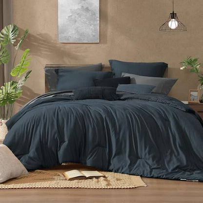 Monbix Oversized Queen Comforter Set 7 Pieces Navy Blue Bed in a Bag