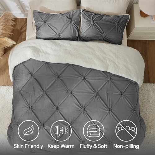 BEDELITE Fluffy Sherpa Queen Comforter Set,Pintuck-Grey