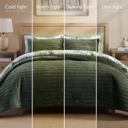 WRENSONGE Velvet Quilt Set King Size- Green Quilt Bedding Set with 2 Shams