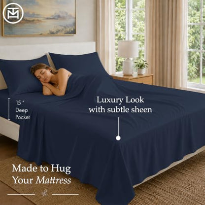 Threadmill 100% Cotton Sheets for Twin XL Size Bed - 600 Thread Count Twin XL Bed Sheets Set with 15” Deep Pocket - Sateen Weave 3-Piece Bedding Set with Cooling Effect, Folkstone Blue