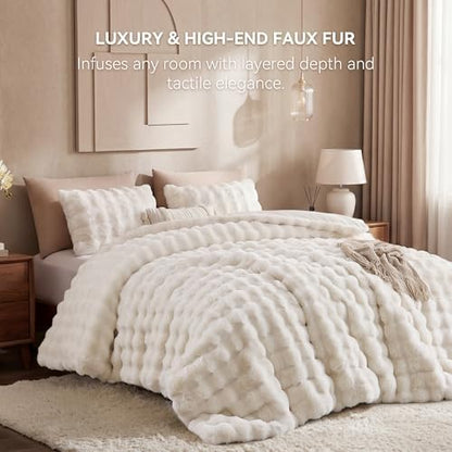 Smoofy Fluffy Faux Rabbit Fur Bubble Comforter Full Size - Cream White