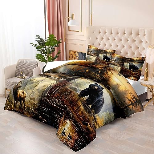 LUVIVIHOME 3PCS Black Bear Deer Comforter Set Queen Size, Elk Moose Mallard Duck Woodland Forest Animal Wildlife Hunting Camo Hunter Country Lodge Rustic Farmhouse Cabin Bedding Sets, 2 Pillow Shams
