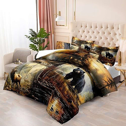 LUVIVIHOME 3PCS Black Bear Deer Comforter Set Full Size, Elk Moose Mallard Duck Woodland Forest Animal Wildlife Hunting Camo Hunter Country Lodge Rustic Farmhouse Cabin Bedding Sets, 2 Pillow Shams
