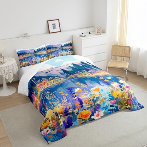 Blossom Flower Comforter Set King Size,Spring Nature Scenery Duvet Insert for Kids Girls Women Room Decor,Lake Mountain Pine Tree Bedding Set 3Pcs,Colorful Floral Garden Quilt Set,2 Pillowcases