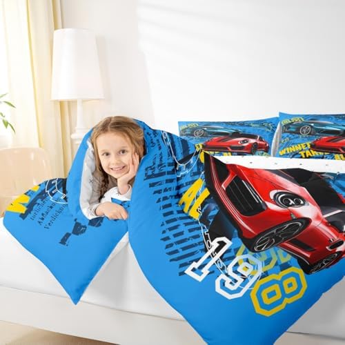 Boys Sports Car King Size Comforter Set,Kids Cool Racing Car Decor All Season Bedding Set,Teens Extreme Sports Theme Comforter,Girls Young Man Blue and Red Decor Quilt Set Bedroom Collection 3Pcs