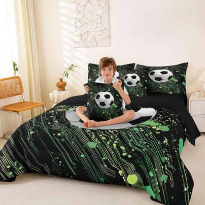 Erosebridal Soccer King Bedding Set - Football Bed in a Bag,Cool Sports Game Comforter Sets with Sheets, Hippie Graffiti Style 7 Pieces Bed Set Bedroom Decor