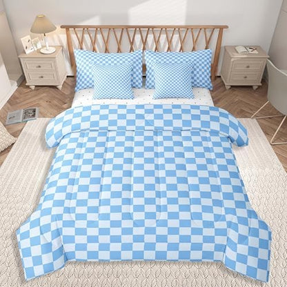 jejeloiu Blue Bedding Set 7Pcs Full Size Kids Buffalo Plaid Comforter Set with Sheets for Boys Girls Checkered Grid Bed in a Bag Soft Lightweight,Microfiber