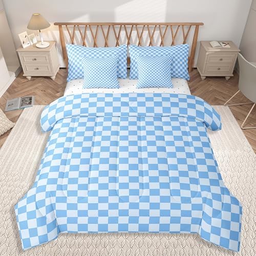 jejeloiu Blue Bedding Set 7Pcs Queen Size Kids Buffalo Plaid Comforter Set with Sheets for Boys Girls Checkered Grid Bed in a Bag Soft Lightweight,Microfiber