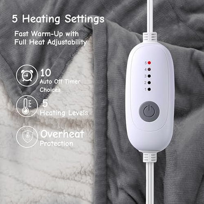 Electric Blanket Full Size 72"x84",Ultra-Soft Flannel Sherpa with 5 Heat Settings & a 10-Hour Auto Shutoff, for Couch & Bed, Grey