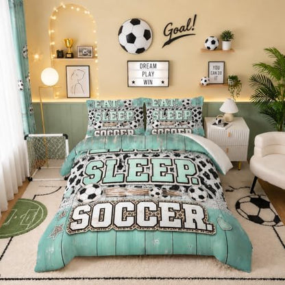BSNTHO Soccer Full Size, Comforter Set Leopard Print Kids Comforter 3Pcs